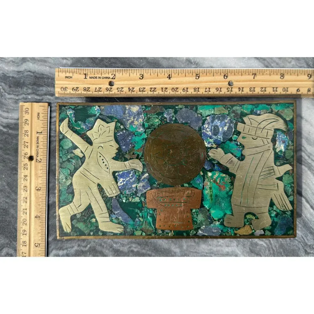 VINTAGE: MCM Mayan Mexican Mosaic Inlay Brass Copper Wood Trinket Cigarette Box